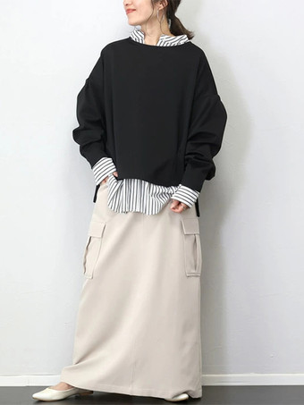 カジュアル ジュエルネック ブラック 長袖 ハイローデザイン スプリットフロントトップ スウェットシャツ/パーカー トップス レディース ファッション