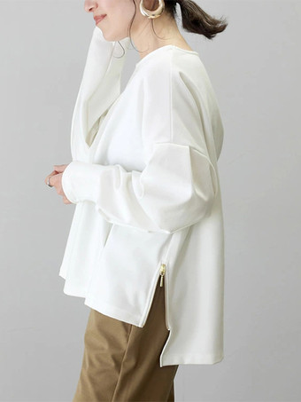 カジュアル ジュエルネック ブラック 長袖 ハイローデザイン スプリットフロントトップ スウェットシャツ/パーカー トップス レディース ファッション