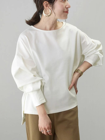 ホワイト カジュアル ジュエルネック ブラック 長袖 ハイローデザイン スプリットフロントトップ スウェットシャツ/パーカー トップス レディース ファッション