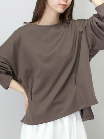 ブラウン カジュアル ジュエルネック ブラック 長袖 ハイローデザイン スプリットフロントトップ スウェットシャツ/パーカー トップス レディース ファッション