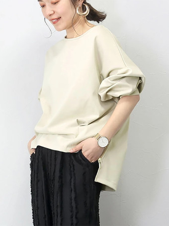 アプリコットカジュアル ジュエルネック ブラック 長袖 ハイローデザイン スプリットフロントトップ スウェットシャツ/パーカー トップス レディース ファッション