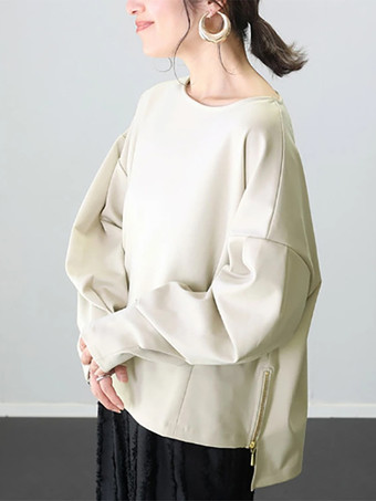 カジュアル ジュエルネック ブラック 長袖 ハイローデザイン スプリットフロントトップ スウェットシャツ/パーカー トップス レディース ファッション
