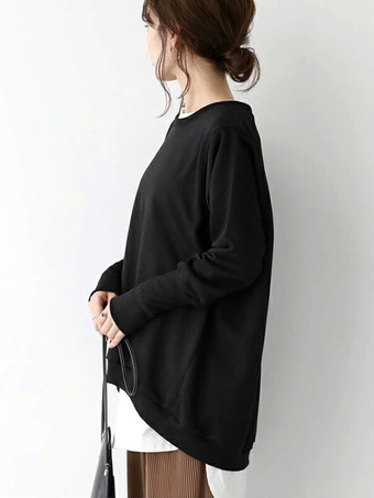 シックなジュエルネックコーヒーブラウン長袖ハイローデザイントップスTシャツトップスレディースファッション