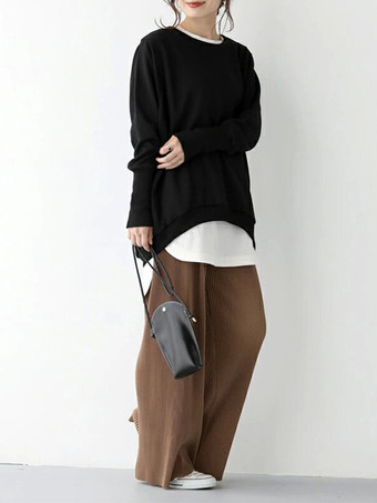 シックなジュエルネックコーヒーブラウン長袖ハイローデザイントップスTシャツトップスレディースファッション