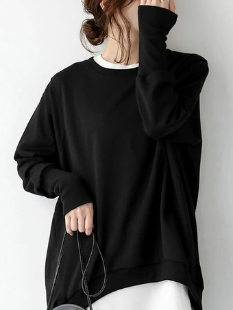 ブラック シックなジュエルネックコーヒーブラウン長袖ハイローデザイントップスTシャツトップスレディースファッション