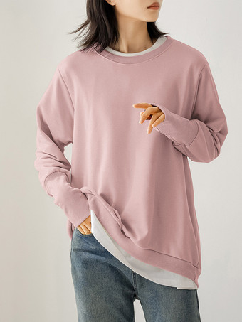 ピンクシックなジュエルネックコーヒーブラウン長袖ハイローデザイントップスTシャツトップスレディースファッション