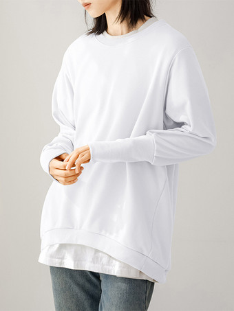 ホワイト シックなジュエルネックコーヒーブラウン長袖ハイローデザイントップスTシャツトップスレディースファッション