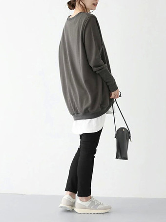 シックなジュエルネックコーヒーブラウン長袖ハイローデザイントップスTシャツトップスレディースファッション