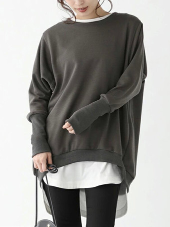 ダークグレー シックなジュエルネックコーヒーブラウン長袖ハイローデザイントップスTシャツトップスレディースファッション