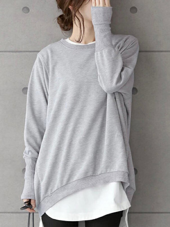 ライトグレーシックなジュエルネックコーヒーブラウン長袖ハイローデザイントップスTシャツトップスレディースファッション