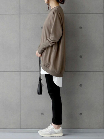 シックなジュエルネックコーヒーブラウン長袖ハイローデザイントップスTシャツトップスレディースファッション