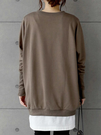 シックなジュエルネックコーヒーブラウン長袖ハイローデザイントップスTシャツトップスレディースファッション