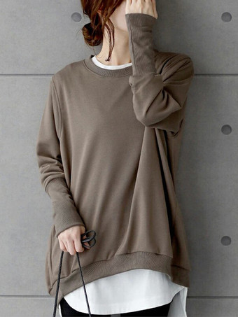 ブラウン シックなジュエルネックコーヒーブラウン長袖ハイローデザイントップスTシャツトップスレディースファッション