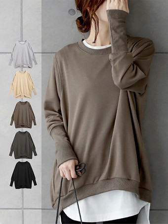 シックなジュエルネックコーヒーブラウン長袖ハイローデザイントップスTシャツトップスレディースファッション