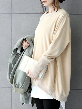 シックなジュエルネックコーヒーブラウン長袖ハイローデザイントップスTシャツトップスレディースファッション