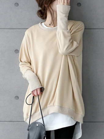 アプリコットシックなジュエルネックコーヒーブラウン長袖ハイローデザイントップスTシャツトップスレディースファッション