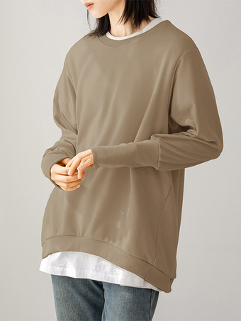 カーキ シックなジュエルネックコーヒーブラウン長袖ハイローデザイントップスTシャツトップスレディースファッション