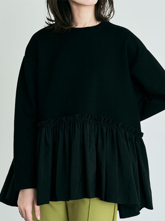 ブラック カジュアル ジュエルネック グレー 長袖 プリーツトップ Tシャツ トップス レディース ファッション