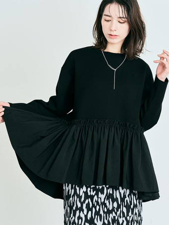 カジュアル ジュエルネック グレー 長袖 プリーツトップ Tシャツ トップス レディース ファッション