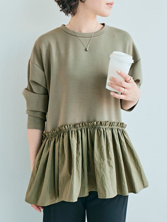 カジュアル ジュエルネック グレー 長袖 プリーツトップ Tシャツ トップス レディース ファッション