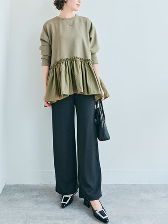 カジュアル ジュエルネック グレー 長袖 プリーツトップ Tシャツ トップス レディース ファッション