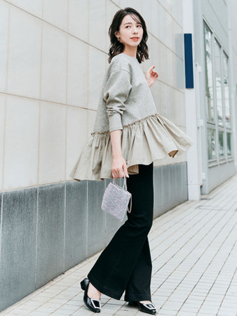 カジュアル ジュエルネック グレー 長袖 プリーツトップ Tシャツ トップス レディース ファッション