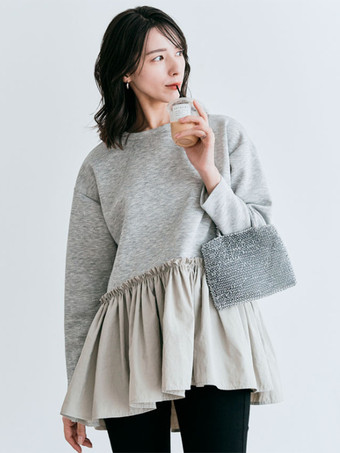 カジュアル ジュエルネック グレー 長袖 プリーツトップ Tシャツ トップス レディース ファッション