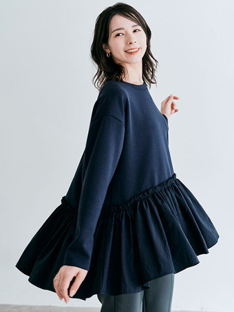 カジュアル ジュエルネック グレー 長袖 プリーツトップ Tシャツ トップス レディース ファッション