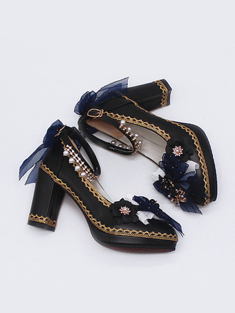 ゴシックロリータシューズ ディープブルーリボン ポインテッドトゥ PUレザー ロリータパンプス