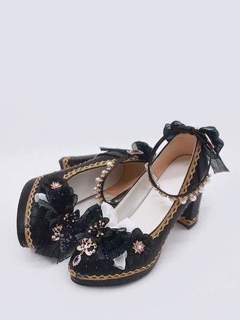 ブラック ゴシックロリータシューズ ディープブルーリボン ポインテッドトゥ PUレザー ロリータパンプス