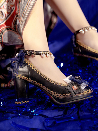 ゴシックロリータシューズ ディープブルーリボン ポインテッドトゥ PUレザー ロリータパンプス