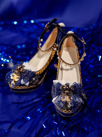 ゴシックロリータシューズ ディープブルーリボン ポインテッドトゥ PUレザー ロリータパンプス