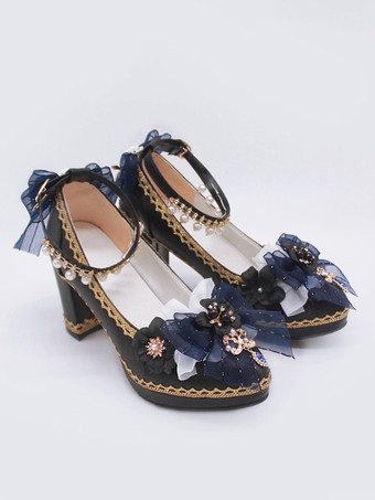 ゴシックロリータシューズ ディープブルーリボン ポインテッドトゥ PUレザー ロリータパンプス