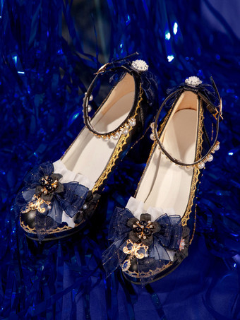 ディープブルーゴシックロリータシューズ ディープブルーリボン ポインテッドトゥ PUレザー ロリータパンプス