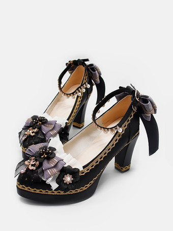 ゴシックロリータシューズ ディープブルーリボン ポインテッドトゥ PUレザー ロリータパンプス