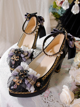 モーブ ゴシックロリータシューズ ディープブルーリボン ポインテッドトゥ PUレザー ロリータパンプス