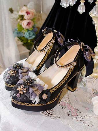 ゴシックロリータシューズ ディープブルーリボン ポインテッドトゥ PUレザー ロリータパンプス