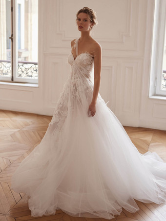 アイボリーウェディングドレスデザインネックラインノースリーブトレーンレースブライダルガウン