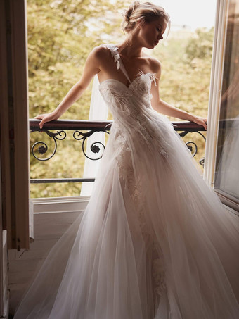 ホワイトウェディングドレスデザインネックラインノースリーブトレーンレースブライダルガウン