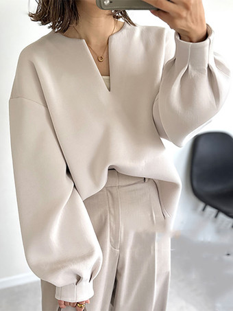 アプリコットカジュアルデザインのネックラインのランタンスリーブブラックロングスリーブオーバーサイズトップススウェットシャツ/パーカートップスレディースファッション