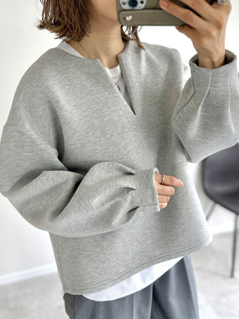 グレイカジュアルデザインのネックラインのランタンスリーブブラックロングスリーブオーバーサイズトップススウェットシャツ/パーカートップスレディースファッション