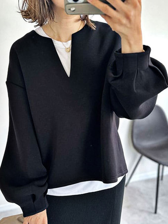 ブラック カジュアルデザインのネックラインのランタンスリーブブラックロングスリーブオーバーサイズトップススウェットシャツ/パーカートップスレディースファッション