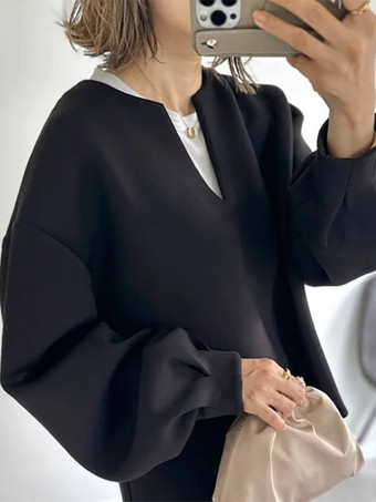 カジュアルデザインのネックラインのランタンスリーブブラックロングスリーブオーバーサイズトップススウェットシャツ/パーカートップスレディースファッション