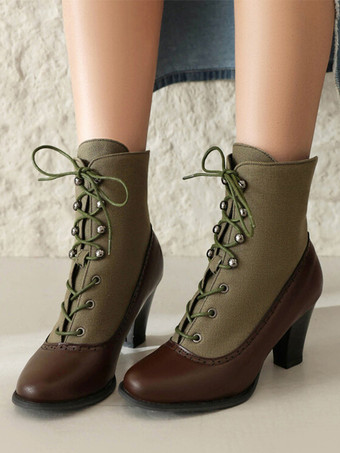 Marrone Stivali Lolita classici in stile vintage in pelle sintetica con punta tonda scarpe Lolita rosse