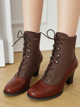 Rosso Stivali Lolita classici in stile vintage in pelle sintetica con punta tonda scarpe Lolita rosse