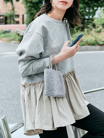 カジュアル ジュエルネック グレー 長袖 プリーツトップ Tシャツ トップス レディース ファッション