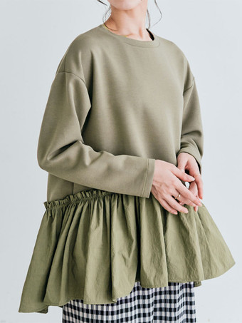 ハンターグリーン カジュアル ジュエルネック グレー 長袖 プリーツトップ Tシャツ トップス レディース ファッション