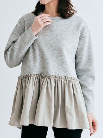 グレイカジュアル ジュエルネック グレー 長袖 プリーツトップ Tシャツ トップス レディース ファッション