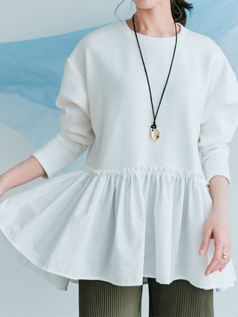 ホワイト カジュアル ジュエルネック グレー 長袖 プリーツトップ Tシャツ トップス レディース ファッション