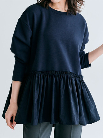 ダークネイビーカジュアル ジュエルネック グレー 長袖 プリーツトップ Tシャツ トップス レディース ファッション